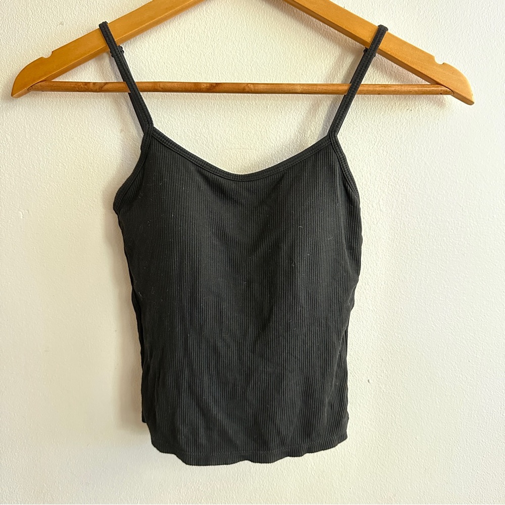 Black Ribbed Spaghetti Strap Built In Bra Tank Top